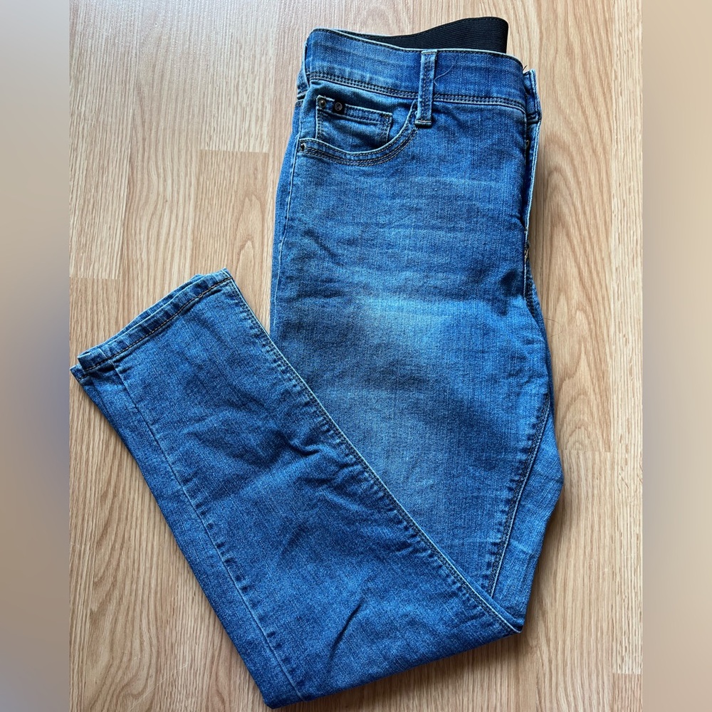 Blue Skinny Jeans with Gold Contrast Stitching